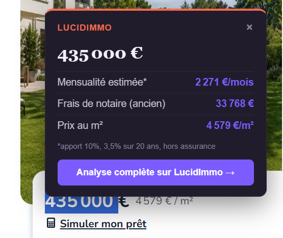 Bulle de calcul LucidImmo affichée sur une annonce immobilière