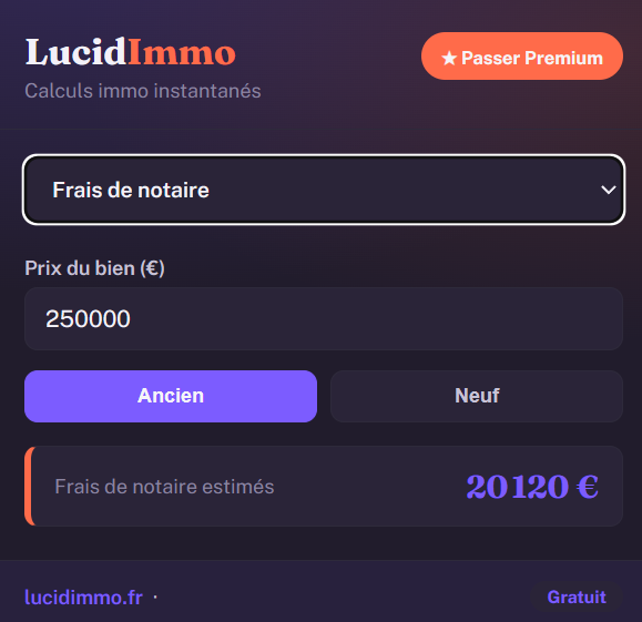 Popup de l'extension LucidImmo avec le calculateur de frais de notaire