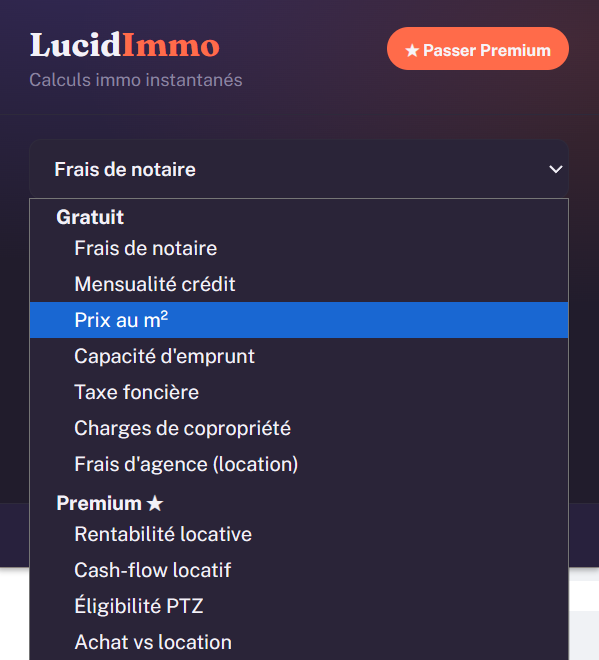 Menu déroulant listant les 11 outils gratuits et premium de l'extension LucidImmo